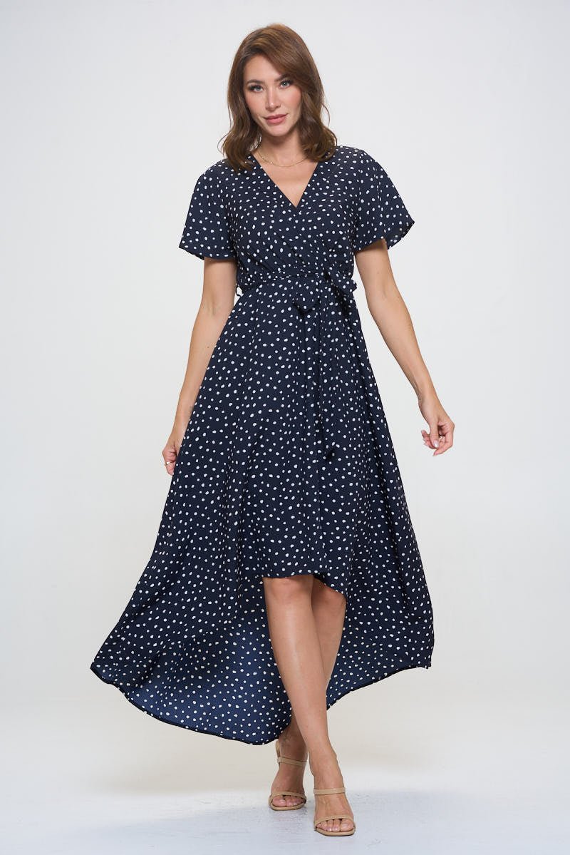 Image of West K Woven Georgia Faux Wrap Dress with High - Low Hem and Tie Waist Navy Dots