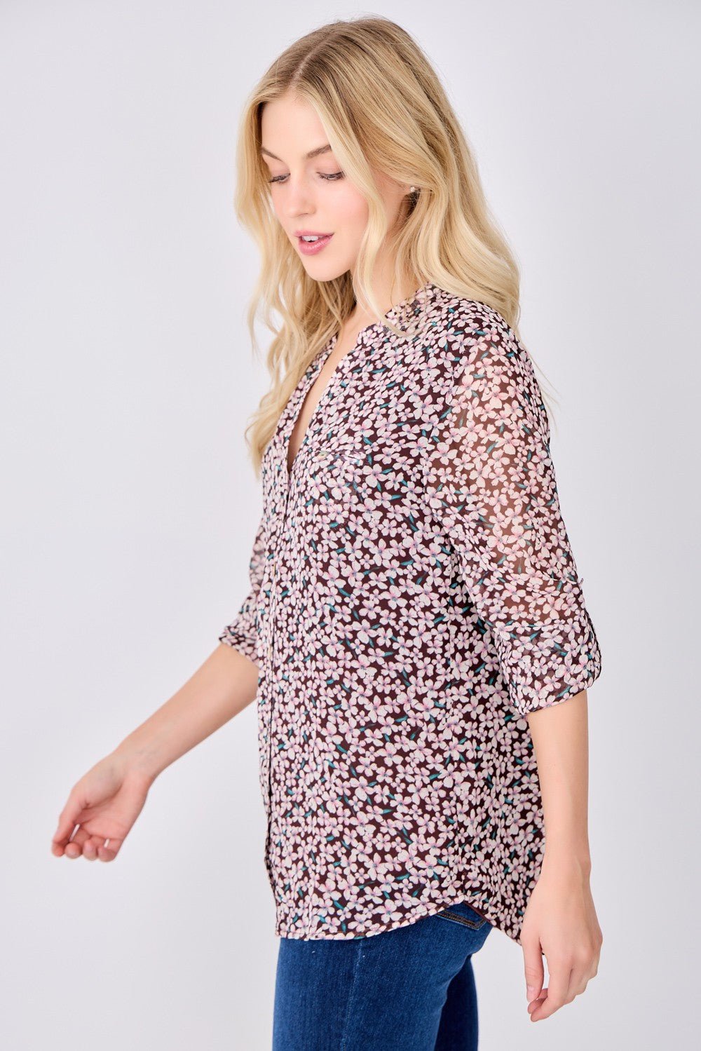 Image of West K Ysella Roll - tab Button Down Blouse Brown Daisy Floral