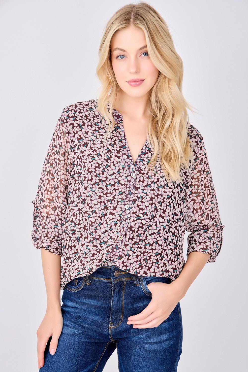 Image of West K Ysella Roll - tab Button Down Blouse Brown Daisy Floral
