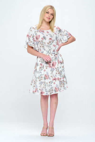 WEST K chic all season dress for all body types. Knee length with ruffle detail at sleeve and skirt hem with tie waist to accentuate your natural curves. Wear to your next event or for an everyday chic look!